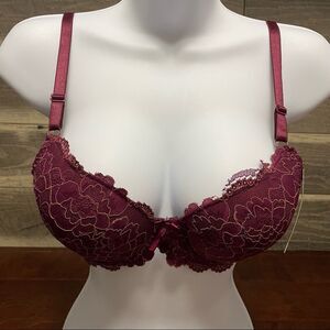 NWT Mamia Wine Colored Lace Padded Bra With Cream Stitching Detail Size 34B